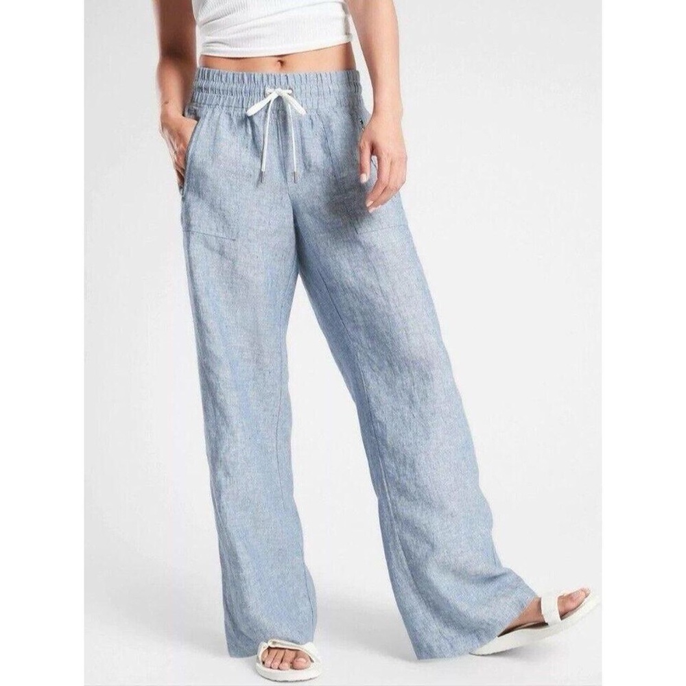Athleta Cabo Linen Wide Leg Pants in Heathered Chambray Blue Size 0 Resortwear